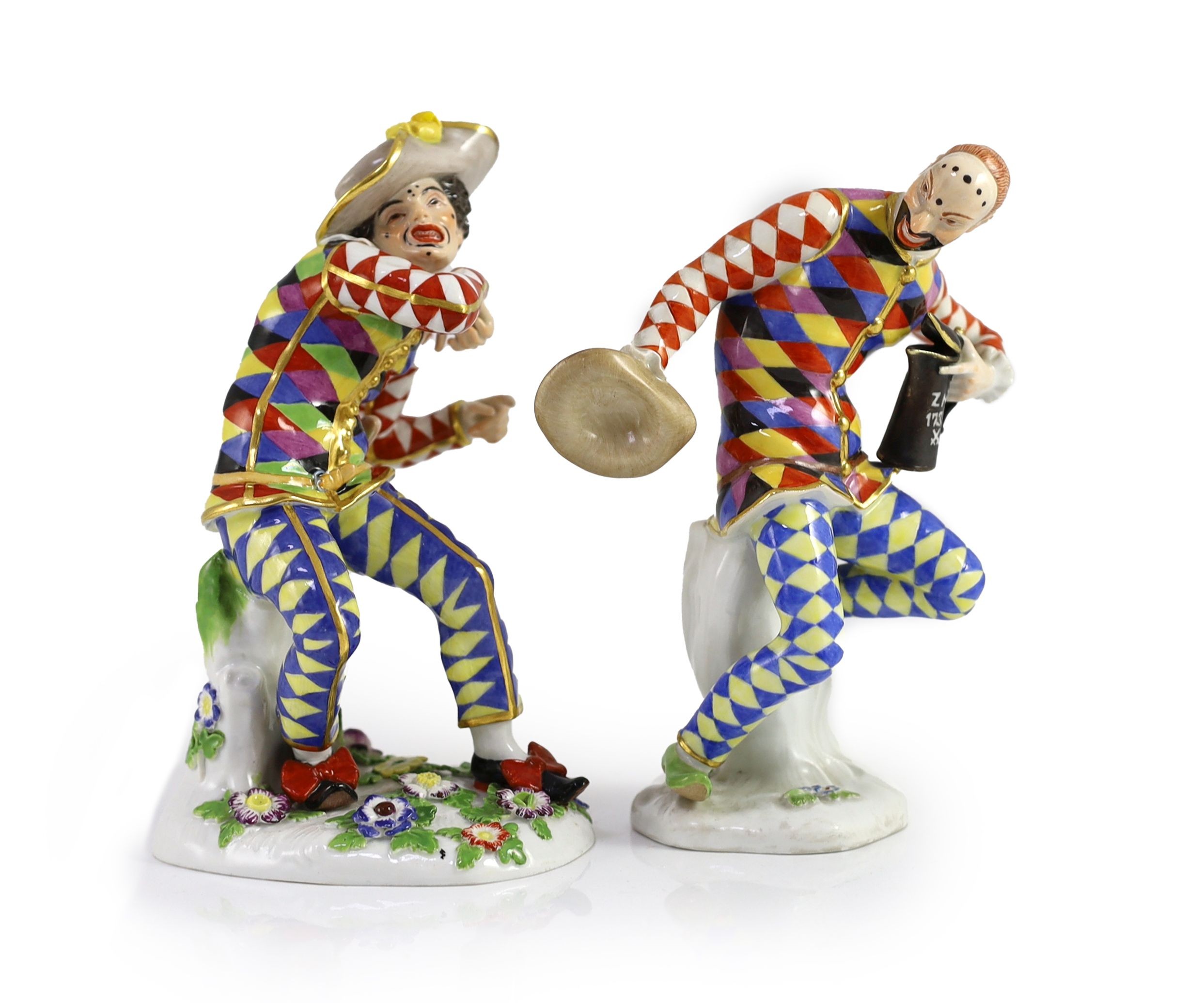 Two Meissen models of Harlequin, early to late 20th century, 15 and 16cm, One left index finger restored